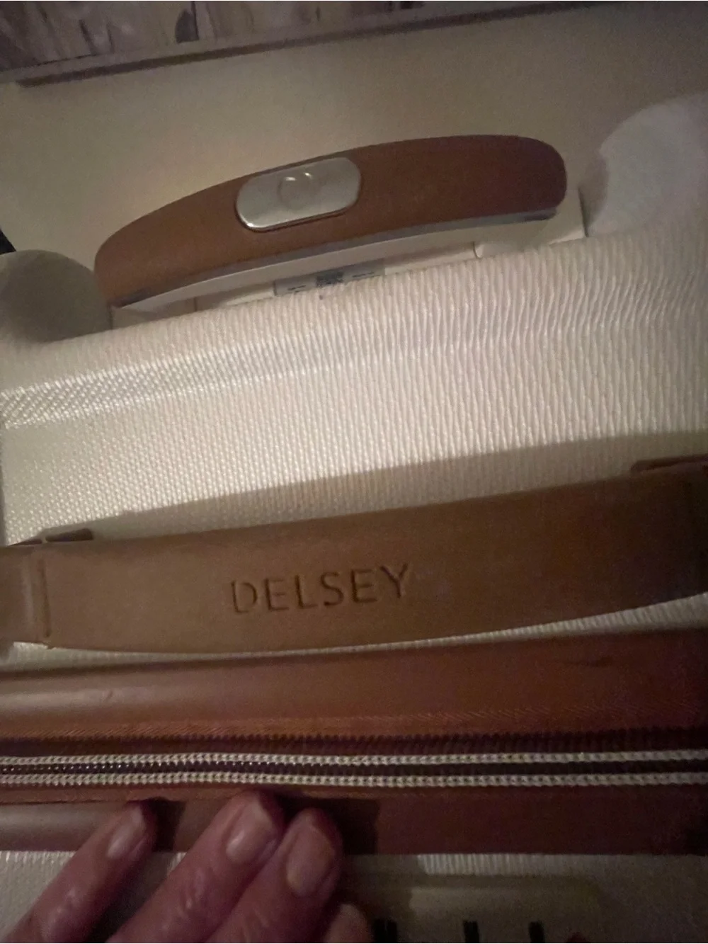 else White Hardside Spinner Luggage with Brown Trim